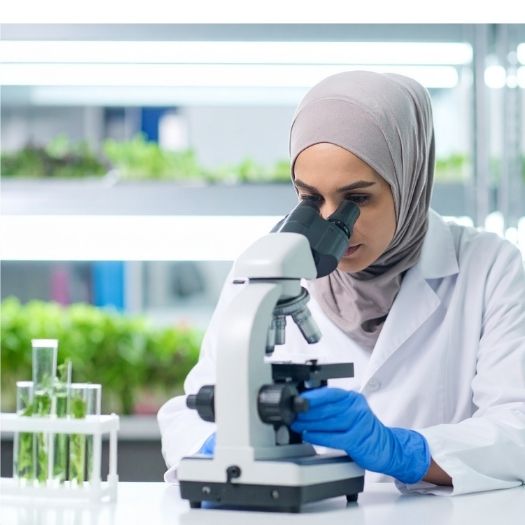 A laboratory scientist examines samples through a microscope with test tubes nearby, representing AAIC’s focus on advancing allergy and immunology research.